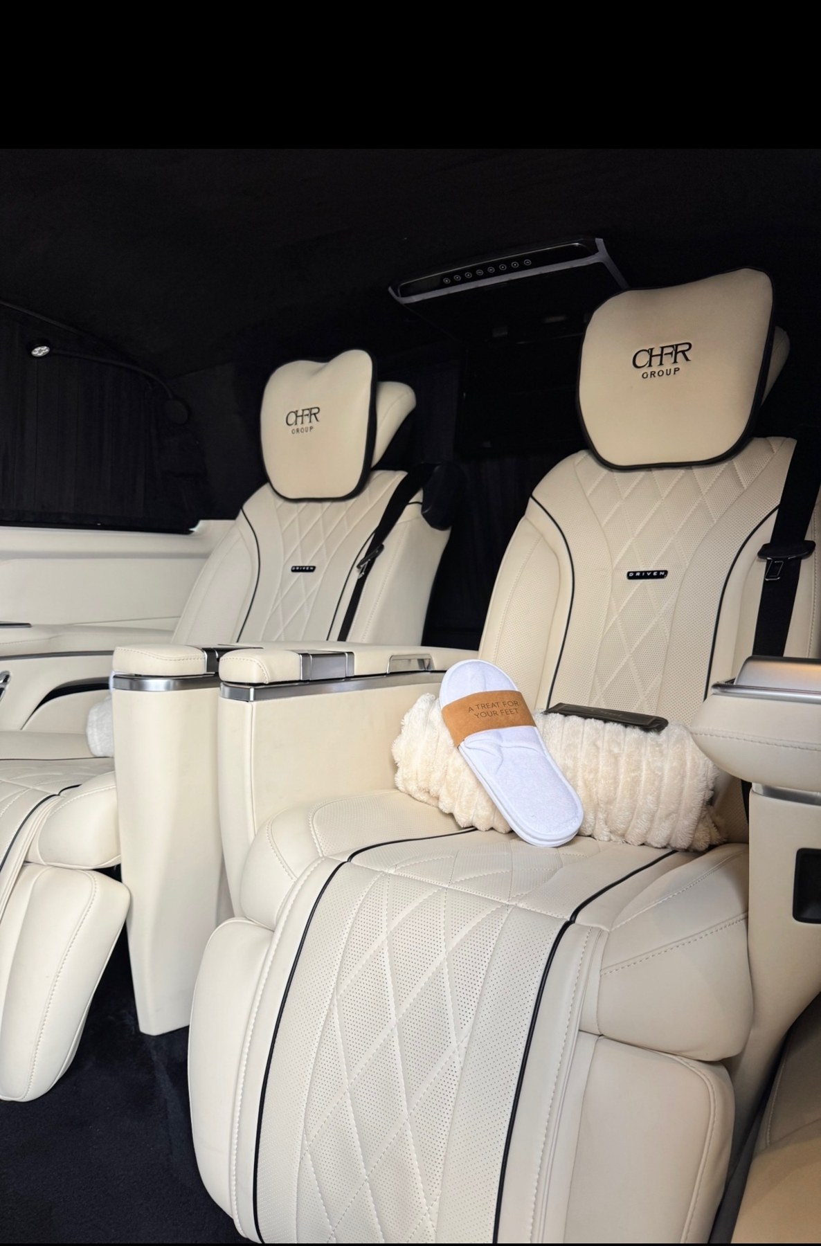 Cream leather reclining seats inside the CHFR Landjet
